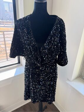 Boohoo Black Sequin Velvet Plunge Mini Dress Size 10